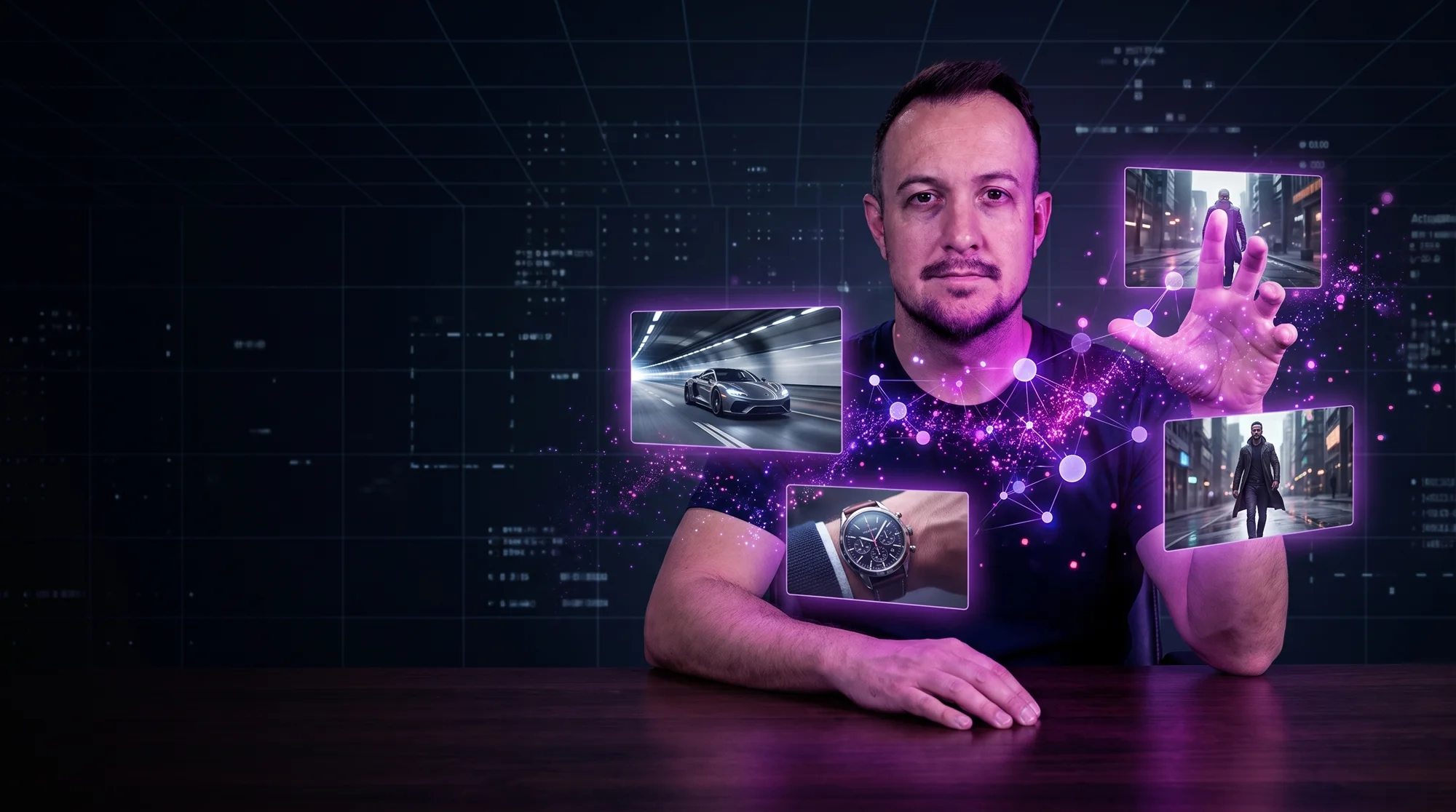 Douglas Helmer dirigindo cenas geradas por inteligência artificial